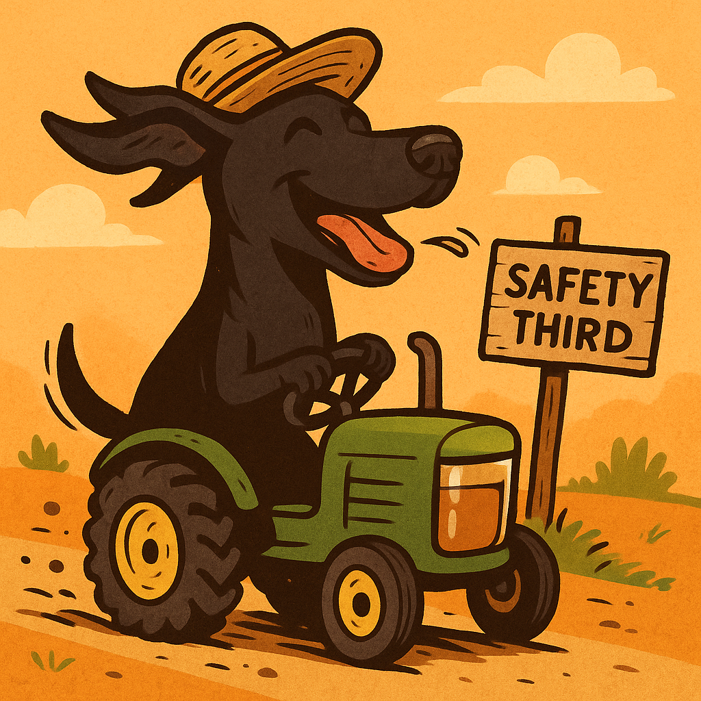 Bean driving a tiny tractor. Safety third.